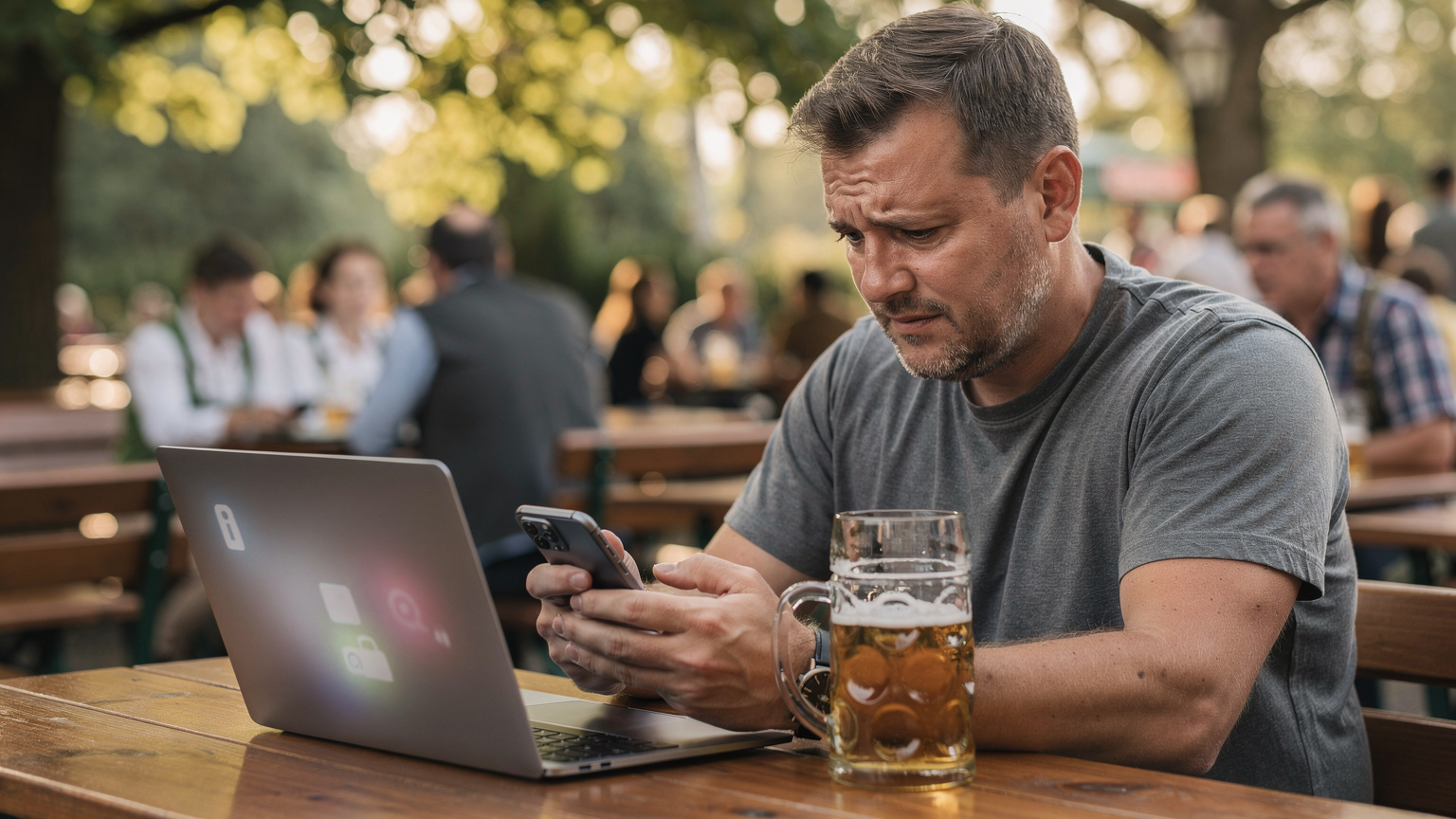 Ein deutscher Familienvater sitzt an einem Tisch in einem belebten Münchner Biergarten, sein Laptop offen, während er mit besorgter Miene auf sein Smartphone schaut, das eine Fehlermeldung anzeigt.