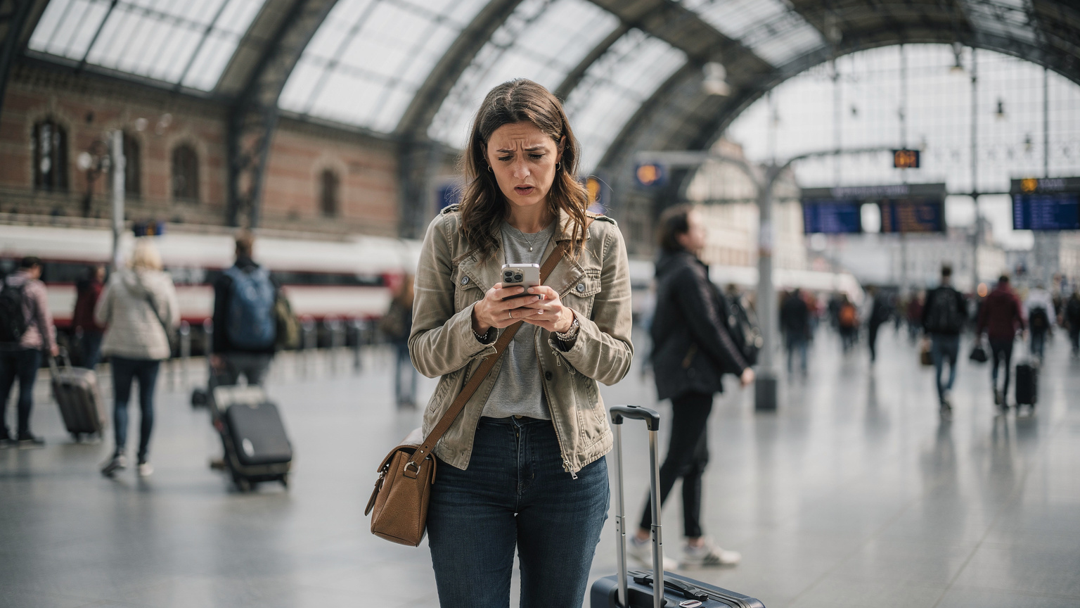 Een ongeruste reiziger in een drukke stationshal van Amsterdam Centraal, die intensief op haar iPhone kijkt, omringd door mensen, symboliseert een probleem met connectiviteit tijdens het reizen.