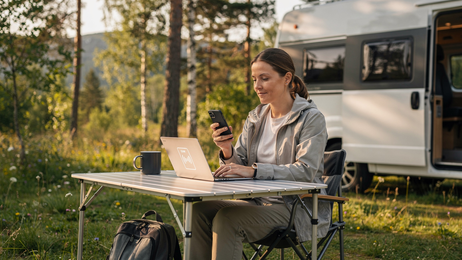 En kvinde arbejder på sin tablet udenfor en campingvogn, mens hun holder sin smartphone med eSIM-ikon synligt, i en grøn, naturlig campingplads.