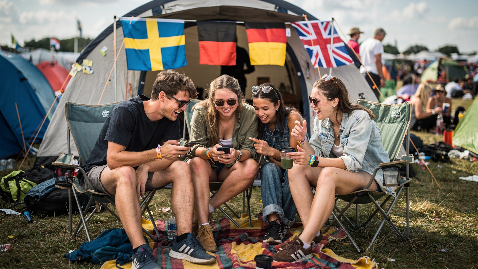 En gruppe internationale festivalgæster sidder uden for deres telt på Roskilde Festivalens campingplads og griner, mens de tjekker deres smartphones, med flag fra forskellige lande hængende bag dem.