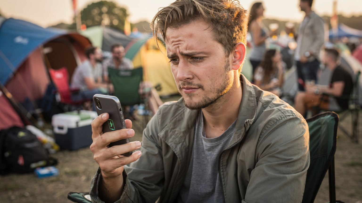 Et nærbillede af en festivalgænger, der kigger frustreret på sin smartphone, som viser lavt batteriniveau og ingen netværksforbindelse, mens andre festivalgæster hygger sig i baggrunden.