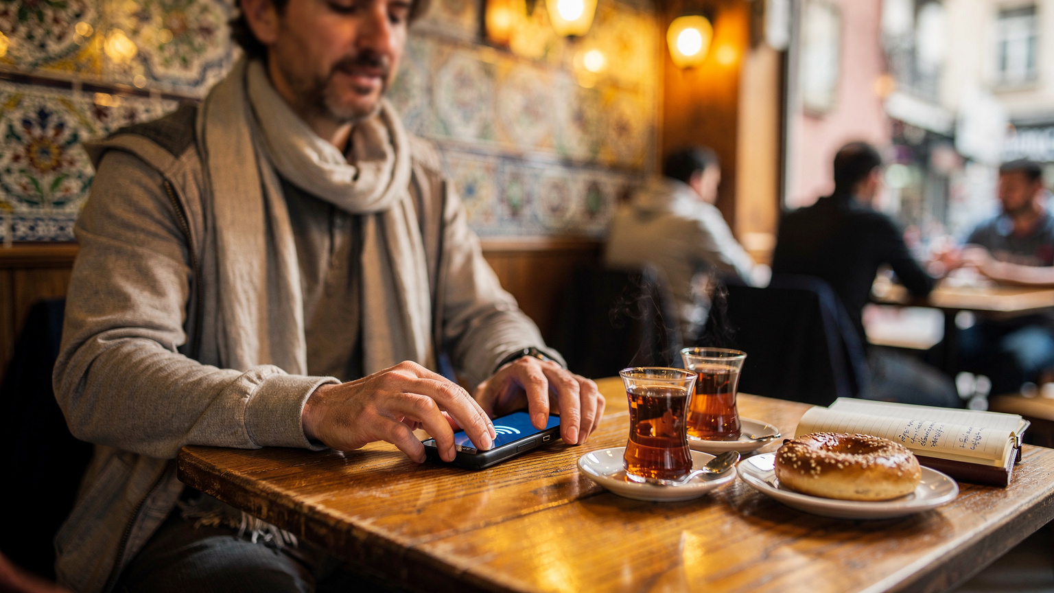 Eine Person sitzt in einem belebten türkischen Café, auf dem Tisch liegen ein Smartphone, eine Tasse Çay und ein Notizbuch, während sie sich mit dem WLAN verbindet.