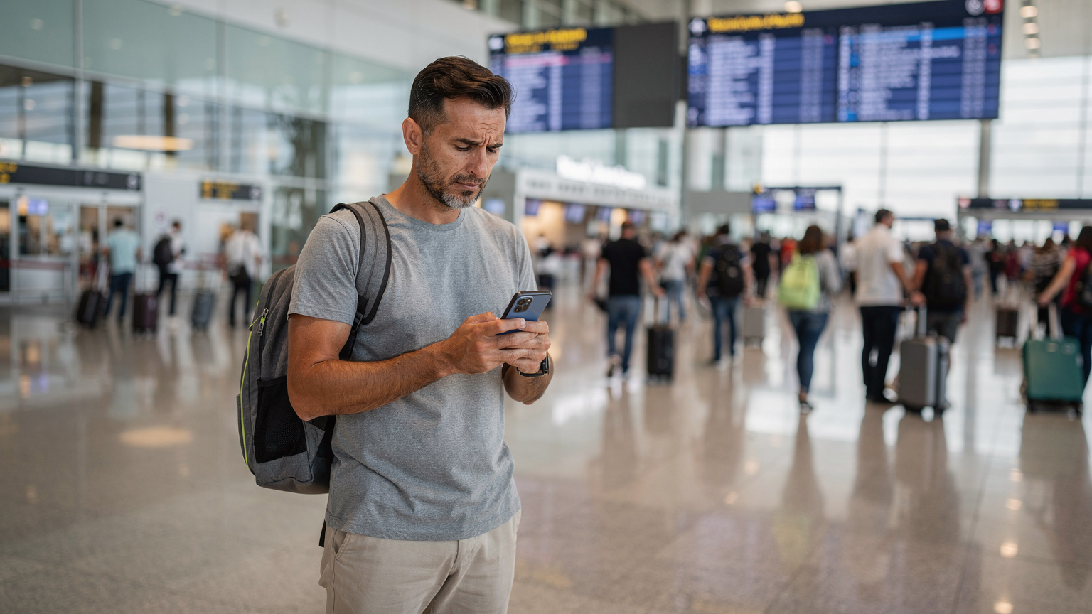 Ein Reisender am Flughafen Istanbul überprüft auf seinem Smartphone die eSIM-Einstellungen, im Hintergrund ist ein belebter Ankunftsbereich zu sehen.