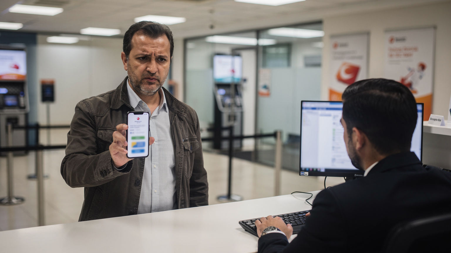 Ein Reisender am Schalter einer türkischen Bank, der versucht, eine Transaktion zu tätigen, aber auf dem Handy eine Fehlermeldung bezüglich einer SMS-Verifizierung erhält.