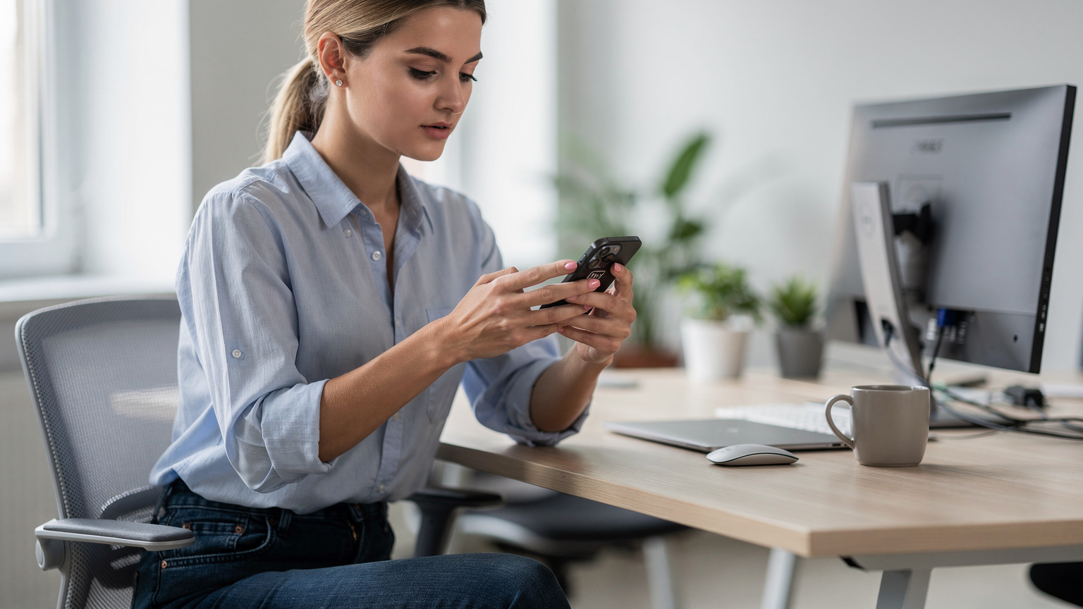 Жінка активує eSIM Київстар на своєму смартфоні в сучасному офісі.