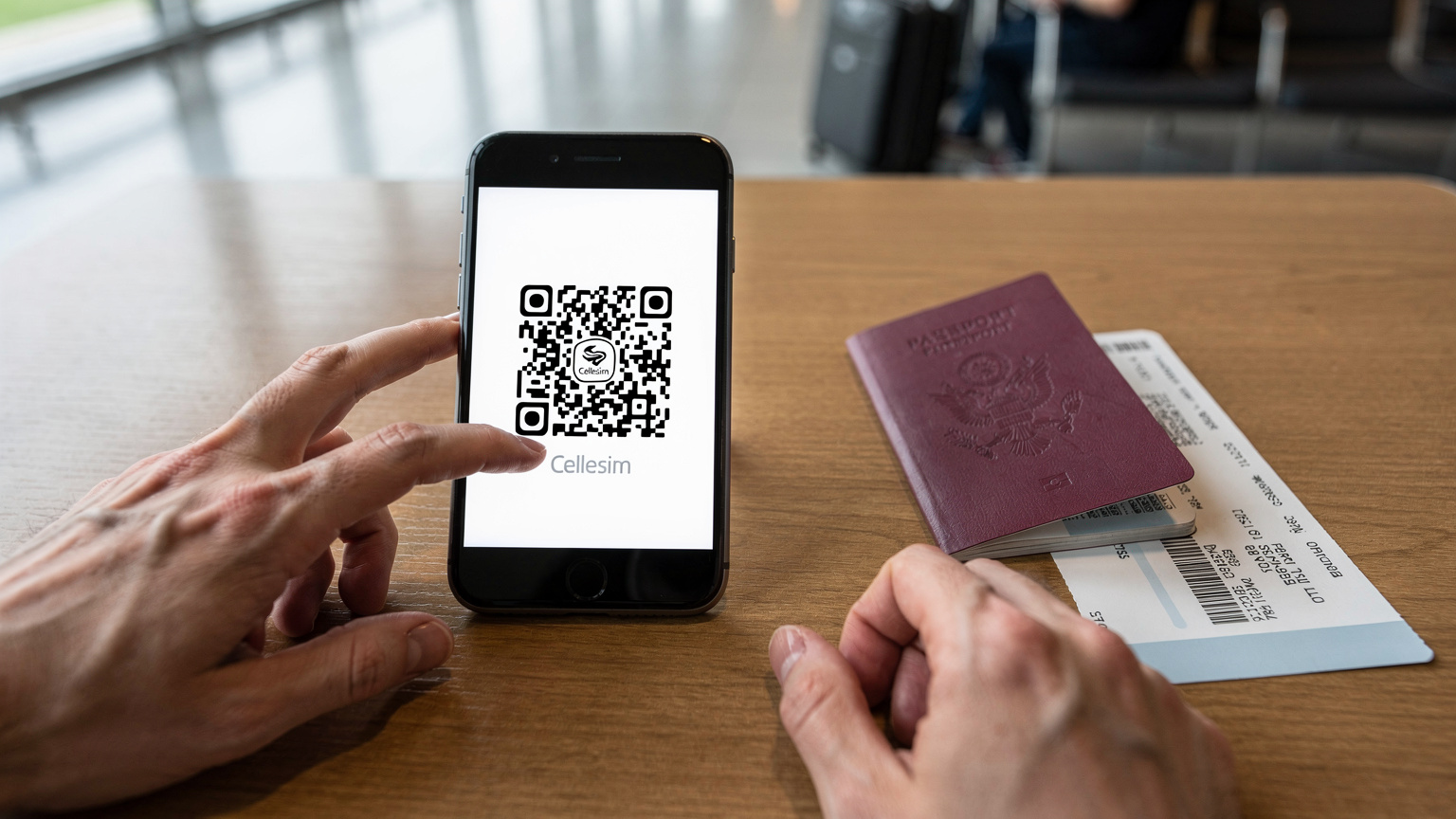 一位旅客的手機屏幕上顯示 Cellesim eSIM 的激活流程，手指正準備掃描 QR 碼，旁邊放著護照和登機牌，背景模糊地呈現機場候機室的環境。
