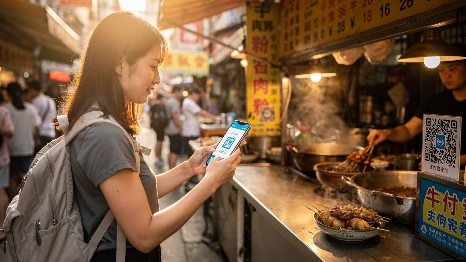 一位旅客在廣州街頭的小吃攤前，一邊品嚐當地美食，一邊用手機掃描支付寶的二維碼進行支付，手機屏幕上清晰顯示支付界面。