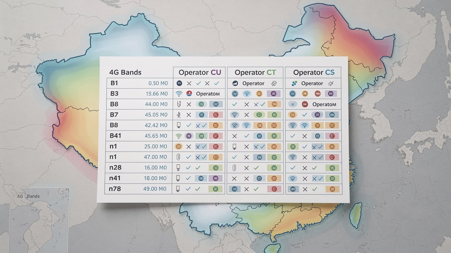 一組技術對比圖，展示了中國三大運營商和 Cellesim 在中國大陸使用的主要 4G/5G 頻段分佈，以及信號強度圖，用不同顏色標示各運營商的覆蓋範圍。