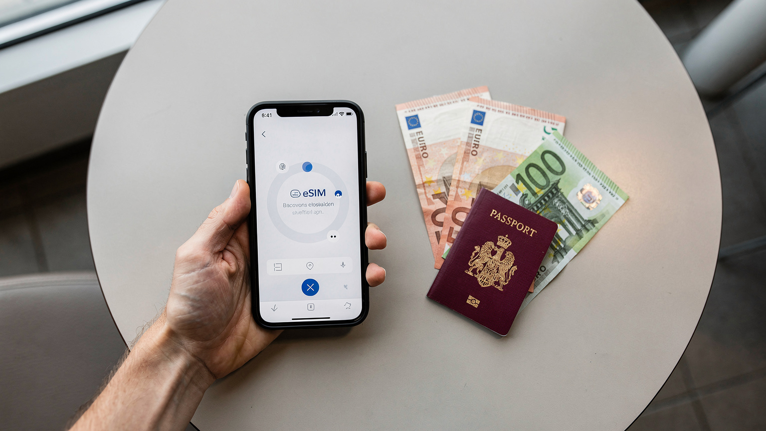En närbild av en hand som håller en smartphone med ett eSIM-aktiveringsmeddelande på skärmen. På bordet bredvid ligger ett svenskt pass och några eurosedlar, i en modern flygplatslounge.