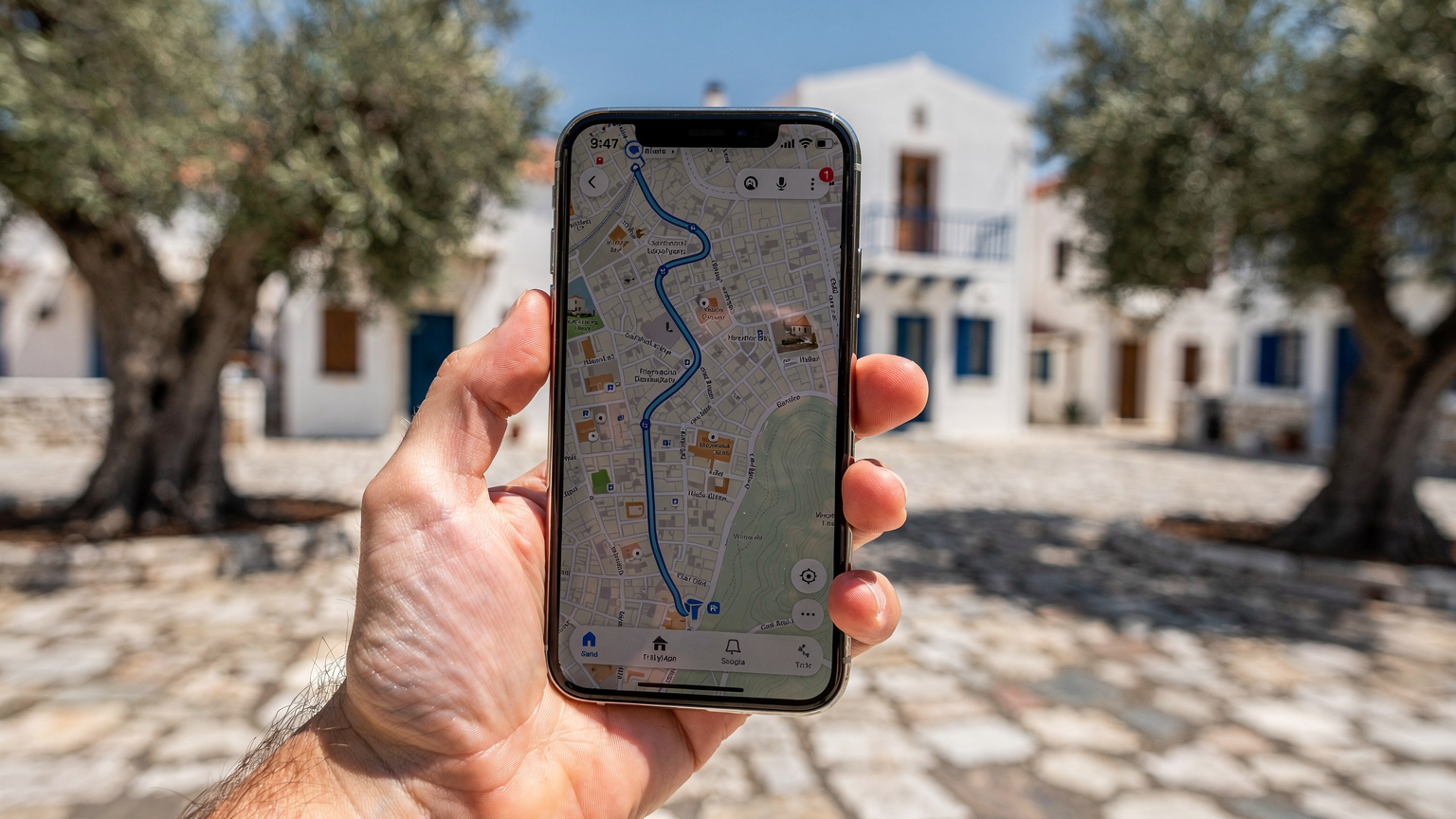 En närbild av en hand som håller en smartphone. Skärmen visar en detaljerad karta med en rutt markerad genom en grekisk by. Bakgrunden är ett soligt torg med olivträd och traditionella vitkalkade hus.