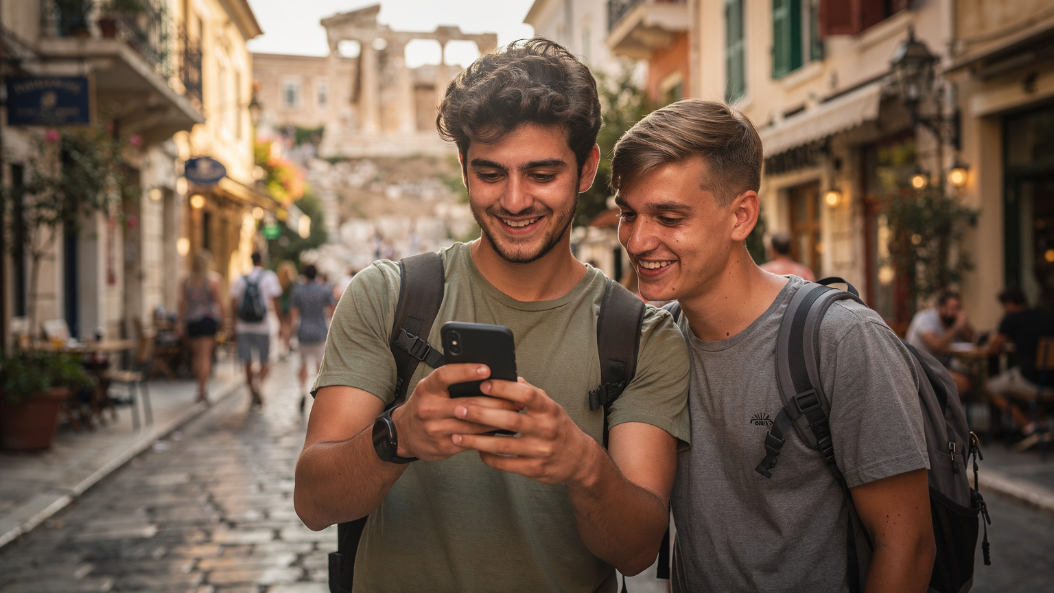 En ung man visar sin smartphone för en vän på en livlig gata i Aten, med historisk arkitektur och stadsliv i bakgrunden. De verkar diskutera något på skärmen, kanske en karta eller en app.