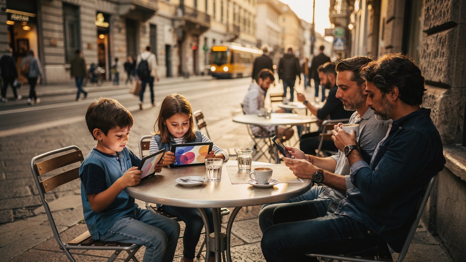 Due bambini, un maschio e una femmina di età scolare, siedono a un tavolino di un bar italiano all'aperto a Milano, concentrati sui loro tablet, mentre i loro genitori, seduti di fronte, sorseggiano caffè e consultano i loro smartphone.