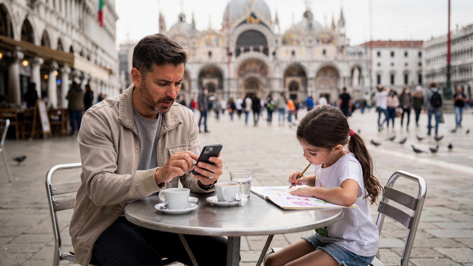 Un padre sta configurando l'eSIM sul suo iPhone 15 in un caffè di Piazza San Marco a Venezia, con la Basilica sullo sfondo, mentre sua figlia di sette anni disegna al tavolo.