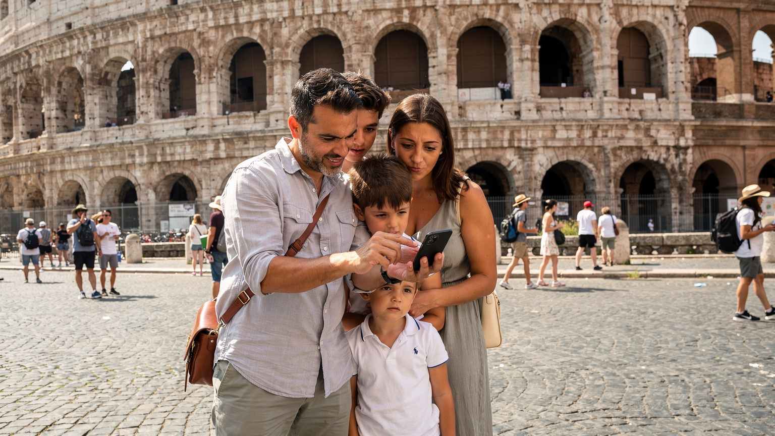 Una famiglia italiana, padre, madre e due bambini, sta consultando una mappa digitale sul telefono del padre, attivato con eSIM, davanti al Colosseo a Roma. L'atmosfera è di esplorazione e leggera confusione.
