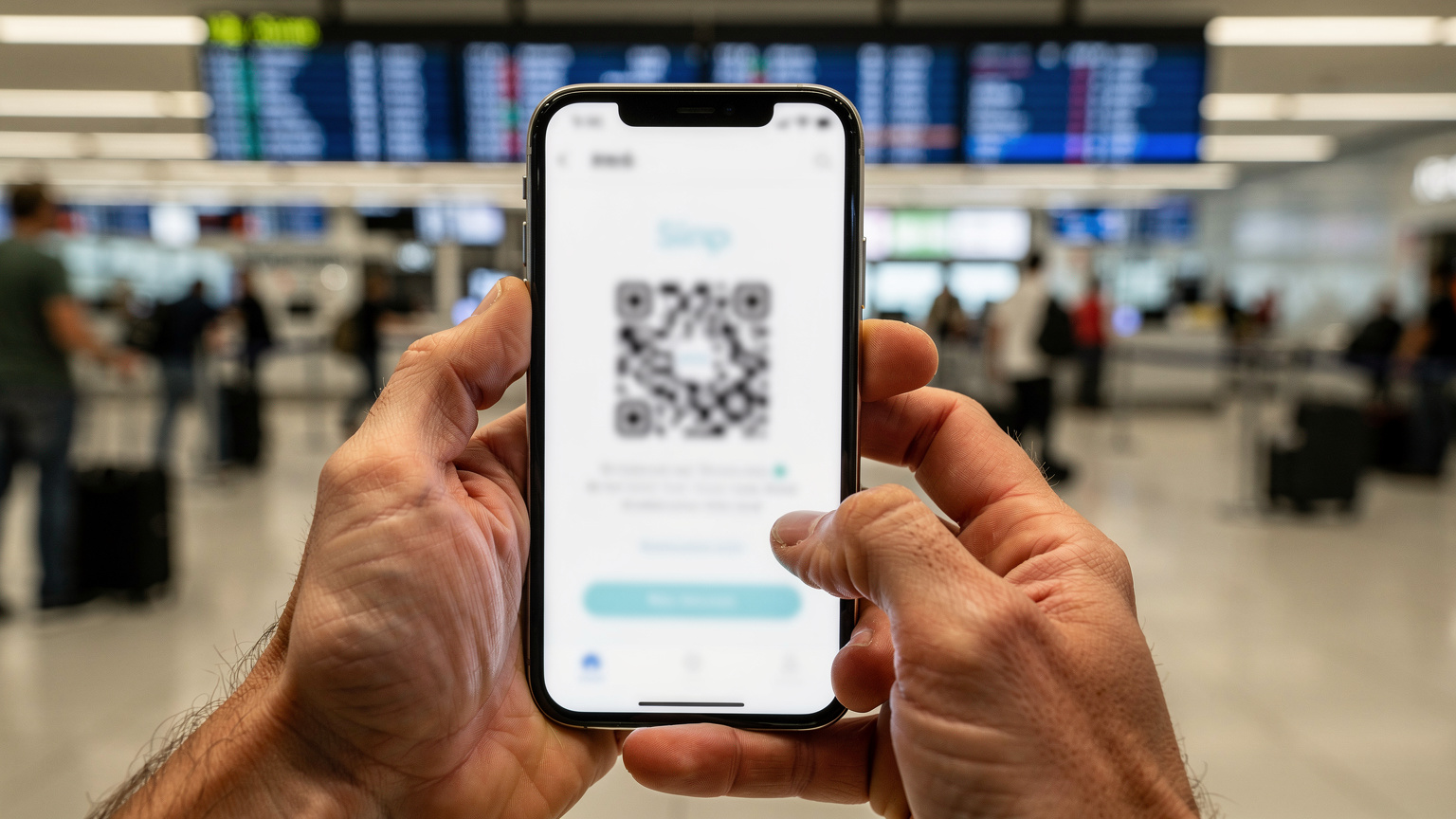 Gros plan sur des mains tenant un smartphone affichant un écran d'activation d'eSIM avec un code QR flou, devant un arrière-plan d'aéroport avec des panneaux de départs et des foules en mouvement.