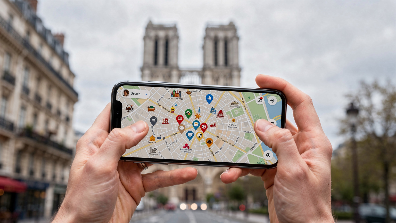 Des mains féminines tenant un smartphone affichant une carte détaillée de Paris avec des icônes de points d'intérêt, devant un arrière-plan flou de la Tour Eiffel et d'un ciel nuageux.