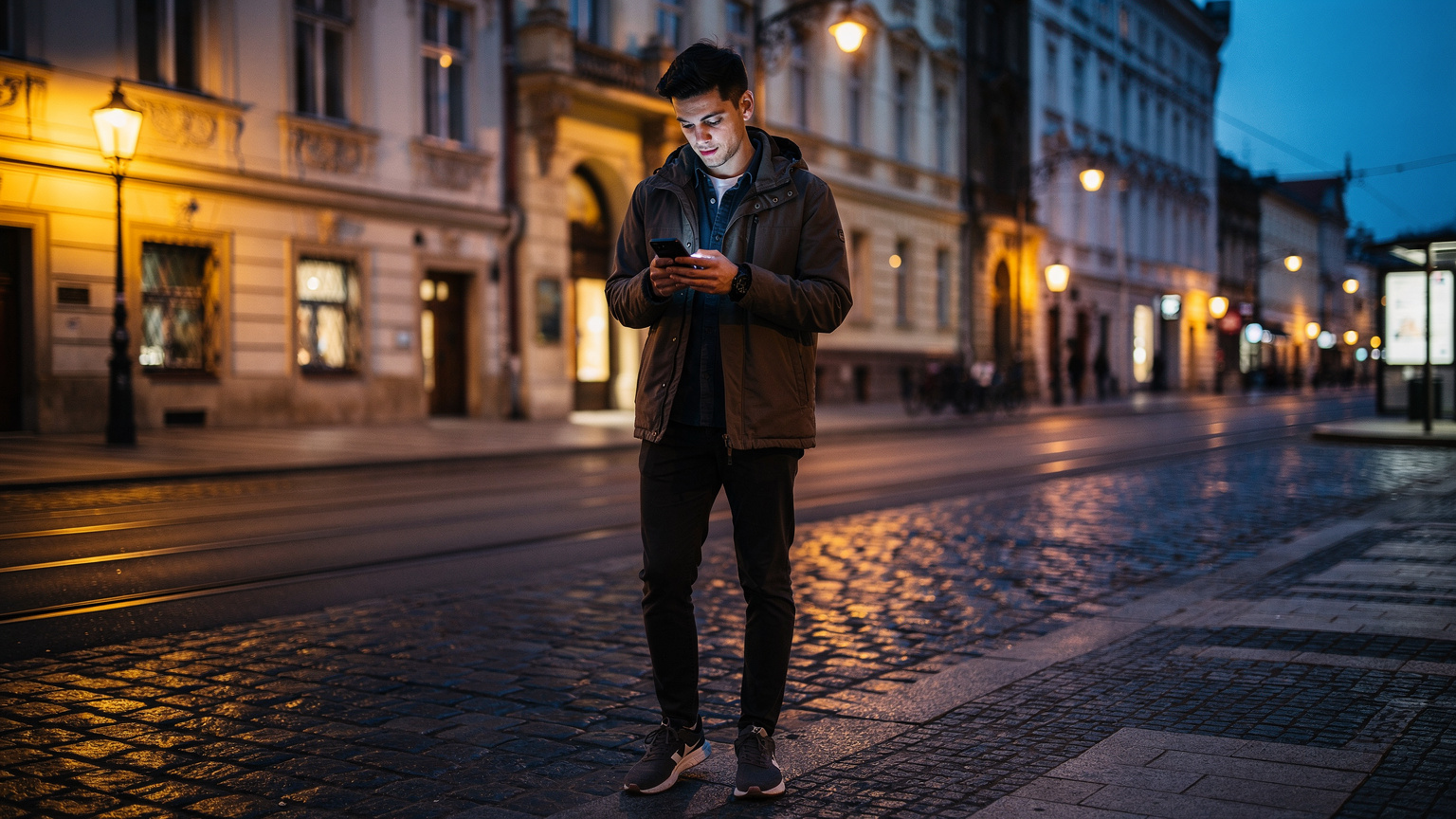 Ein junger Mann steht vor einer Bushaltestelle in Prag, sein Blick ist auf sein Smartphone gerichtet, während er auf seine Verbindung wartet. Die Dämmerung setzt ein und beleuchtet die historische Architektur im Hintergrund.