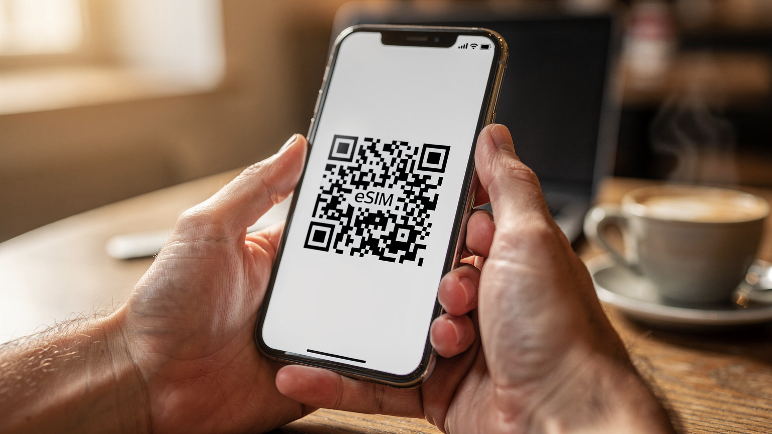 Nahaufnahme von Händen, die ein iPhone halten, auf dem der QR-Code für eine eSIM-Aktivierung angezeigt wird, während im Hintergrund eine verschwommene, gemütliche Café-Umgebung in Berlin zu sehen ist.