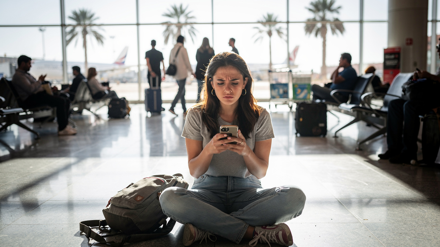 Eine Person versucht, eine eSIM auf einem iPhone zu aktivieren, während sie auf dem Boden eines geschäftigen Flughafenterminals in Marrakesch sitzt, sichtlich frustriert mit der schlechten WLAN-Verbindung.