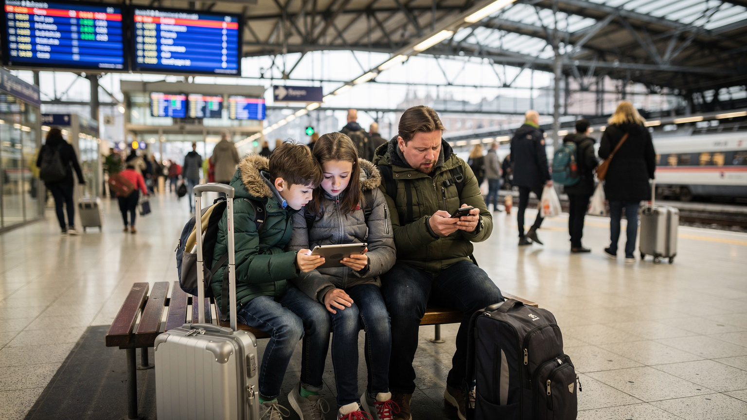 En familie (voksen og to barn) sitter på en travel jernbanestasjon i Norge, kanskje Oslo S. Barna ser på en iPad, mens den voksne ser bekymret på sin smarttelefon med lavt batterinivå. Bakgrunnen er fylt med andre reisende og informasjonsskjermer, med et snev av norsk design i arkitekturen. Stemningen er hektisk, men med et lite snev av frustrasjon over manglende strøm.