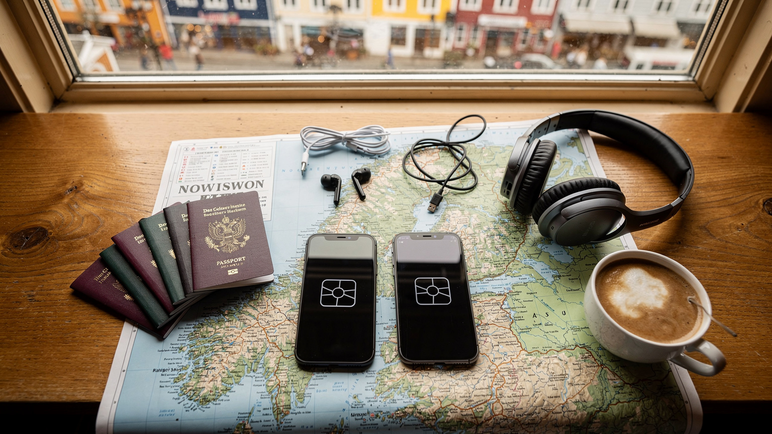 Et oversiktlig bilde av en reiseklar familie (voksen og to barn) med pass, smarttelefoner med eSIM-logo synlig, hodetelefoner, og et fysisk kart over Norge spredt ut på et kafébord i en koselig norsk kafé. En kopp kaffe står ved siden av, og bakgrunnen viser en vindusutsikt over en livlig gate i Bergen. Stemningen er planleggende og rolig.
