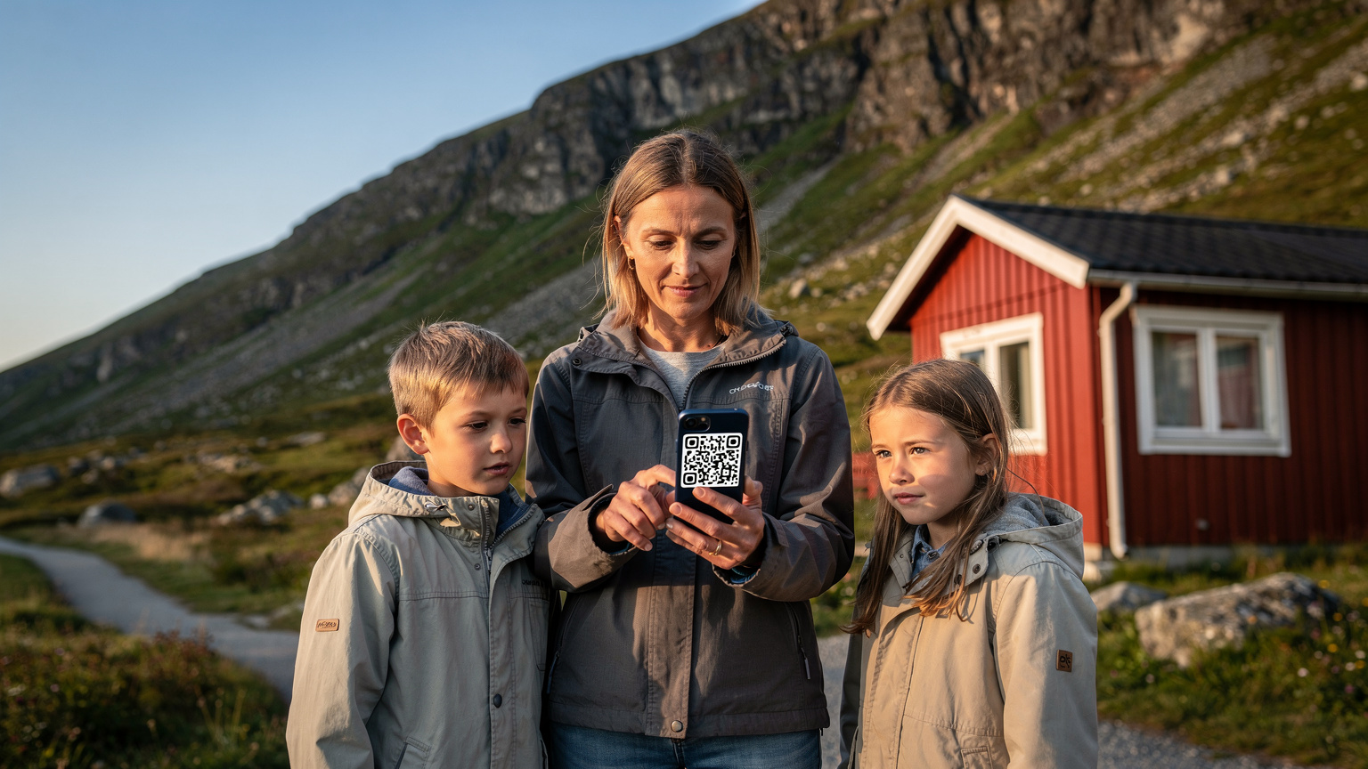 En kvinne med to barn (en gutt og en jente) ved sin side, studerer en digital reiseplan på en smarttelefon, med en QR-kode synlig på skjermen. Bakgrunnen er en liten, rød trehytte ved foten av et majestetisk fjell i Norge, med klarblå himmel. Stemningen er rolig og planleggende.