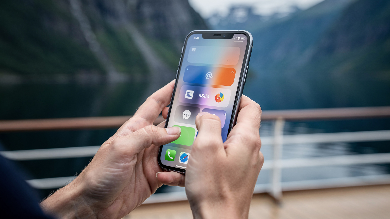 Nærbilde av en kvinnes hender som forsiktig holder en smarttelefon med en aktiv eSIM-profil synlig på skjermen. Bakgrunnen er sløret, men antyder en cruisebåt som seiler gjennom en norsk fjord. Fokus er på hendene og telefonen, med en følelse av ro og kontroll.