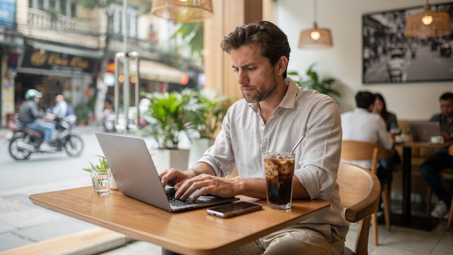 Seorang digital nomad sedang bekerja di laptop dan ponselnya di sebuah kafe bergaya di Ho Chi Minh City, Vietnam, menunjukkan konektivitas tanpa batas saat bepergian.