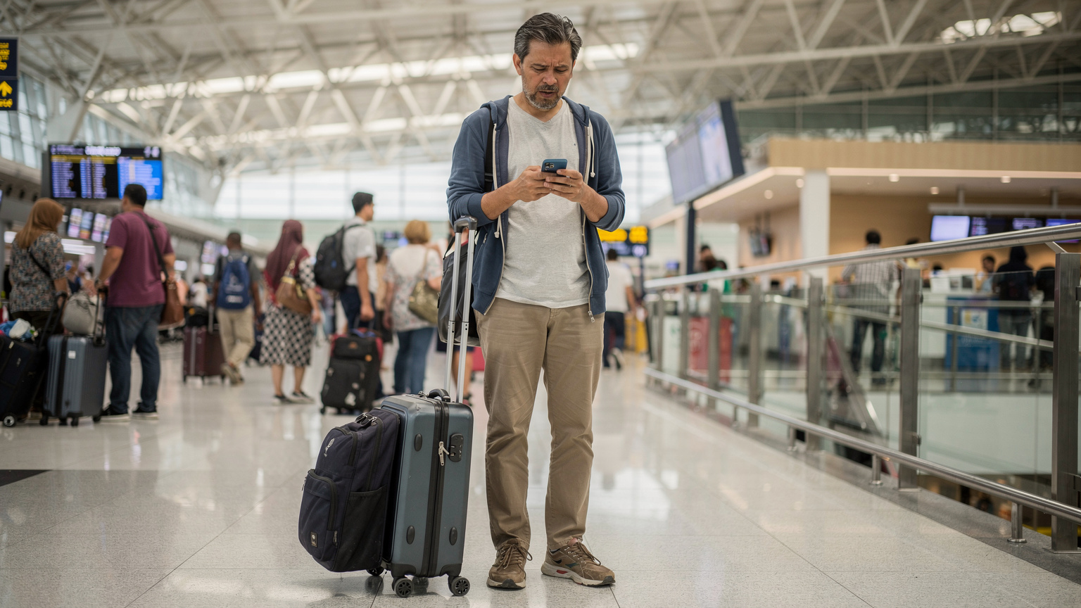Seorang pria memegang ponselnya dengan ekspresi khawatir di sebuah bandara yang ramai di Indonesia, dikelilingi oleh koper, menunjukkan kesulitan konektivitas saat bepergian.
