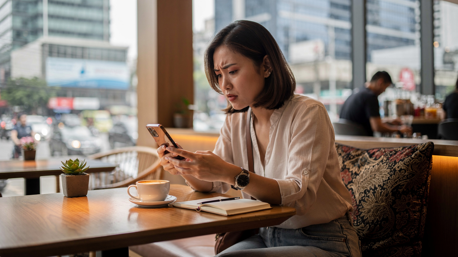 Seorang traveler wanita sedang mencari informasi di ponselnya, mungkin tentang cara migrasi eSIM Telkomsel, di sebuah kafe di pusat kota Jakarta, menunjukkan perjuangan digital dalam bepergian.