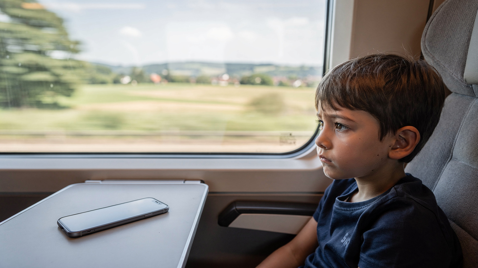 Ein Kind schaut gelangweilt aus dem Fenster eines fahrenden Zuges, während das Smartphone der Mutter auf dem Tisch liegt, bereit für Hotspot-Sharing, um die Reise zu überbrücken.