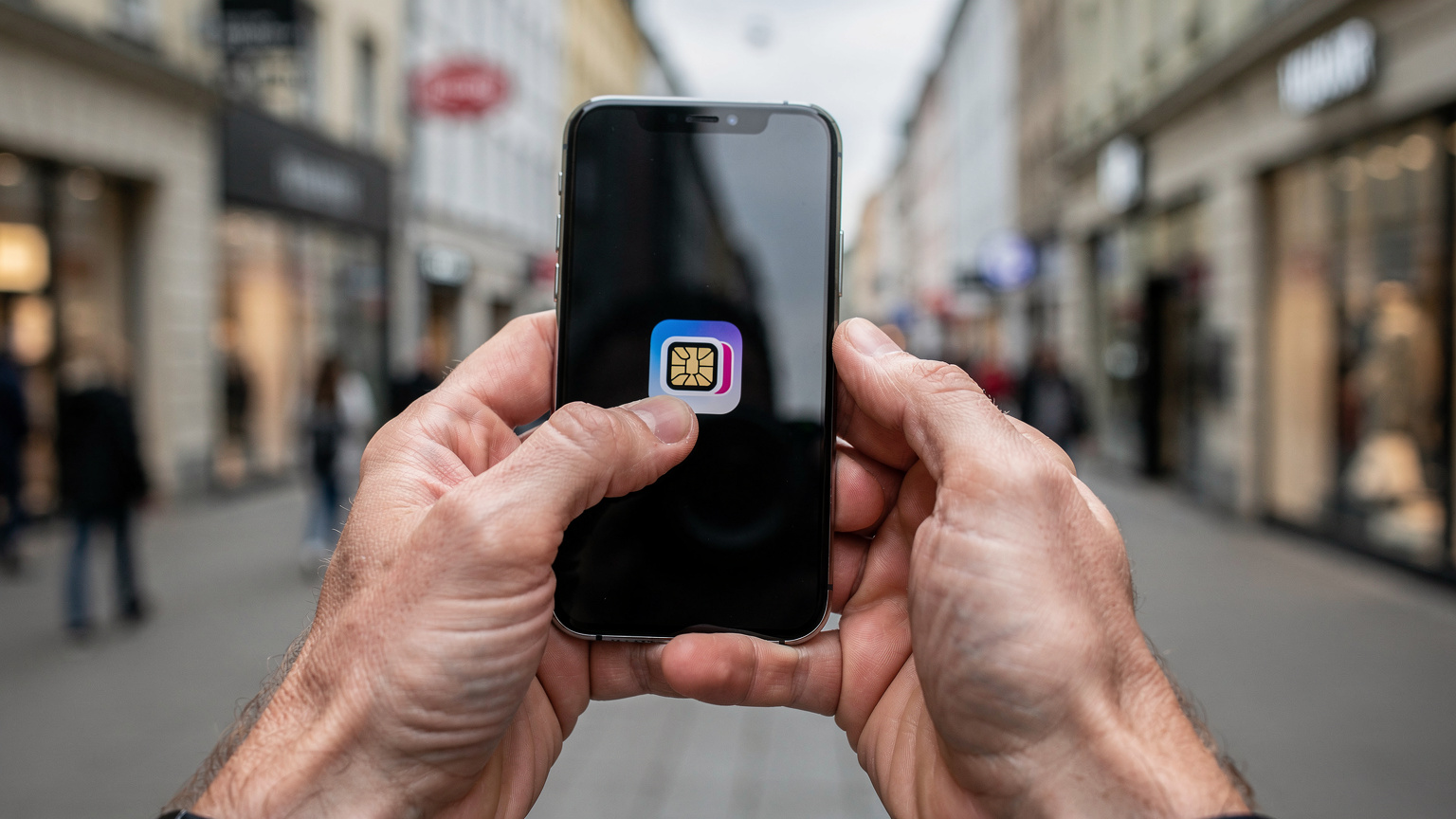Nahaufnahme eines Smartphones in der Hand eines Reisenden, der eine eSIM-App öffnet. Im Hintergrund ist eine verschwommene, geschäftige Einkaufsstraße in Berlin zu sehen.