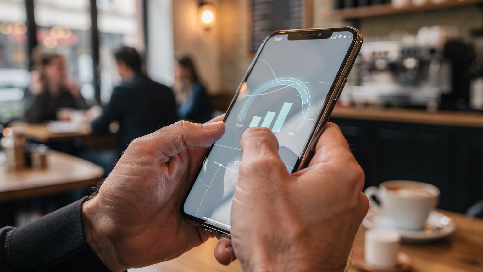 Close-up of human hands interacting with a smartphone displaying network speed test results, with a blurred background of a bustling cafe.