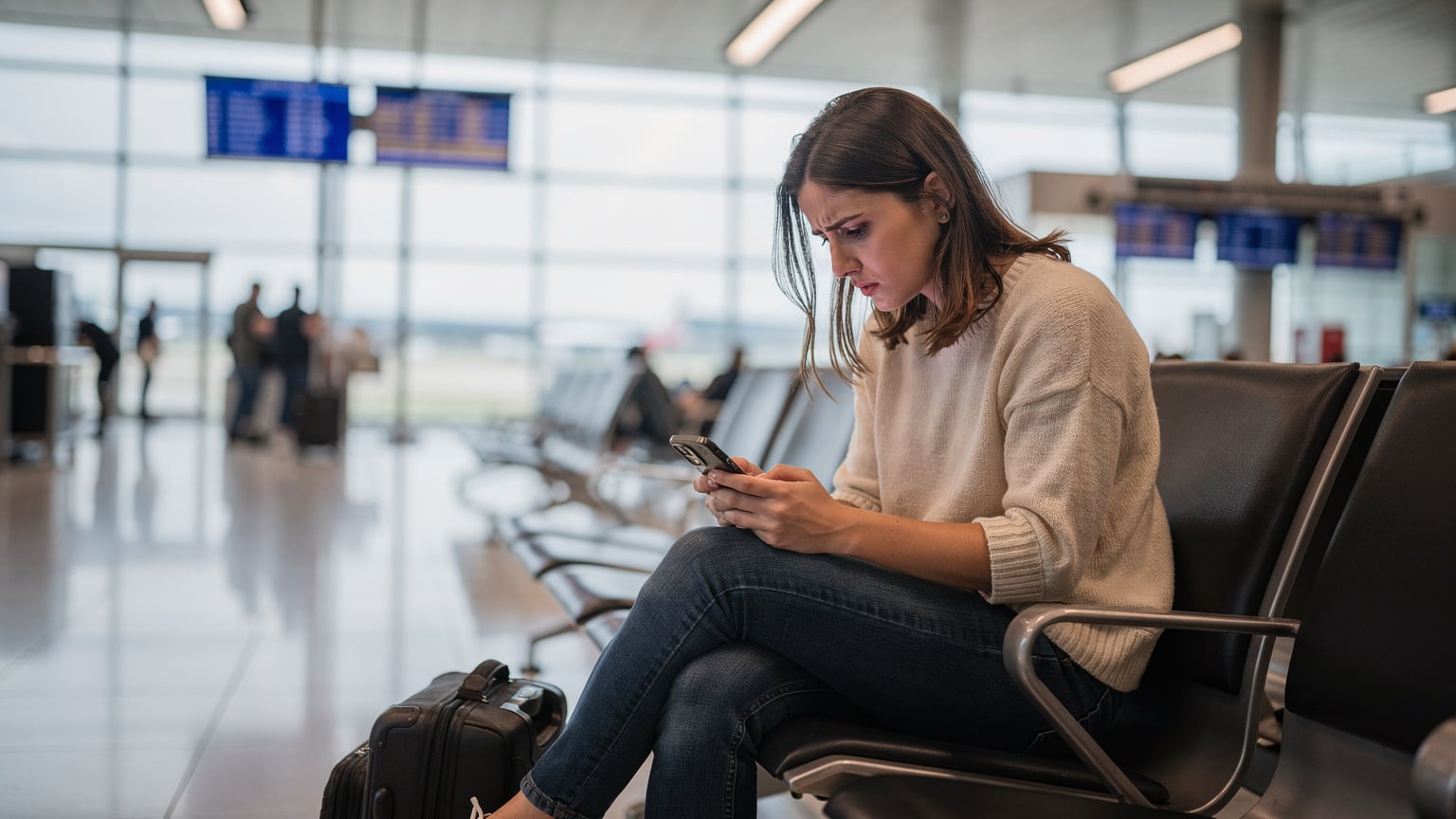 A traveler at an airport gate, looking stressed while examining their smartphone, highlighting the common anxiety over international roaming charges.