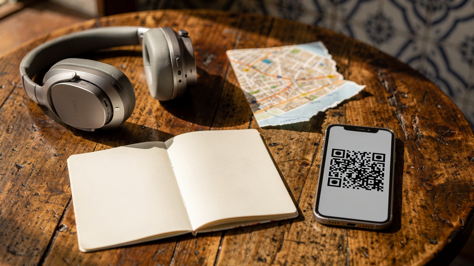 An overhead flat-lay shot of travel essentials: a passport, a smartphone with an eSIM QR code on its screen, noise-canceling headphones, and a small, local map snippet, all arranged on a café table in Lisbon.