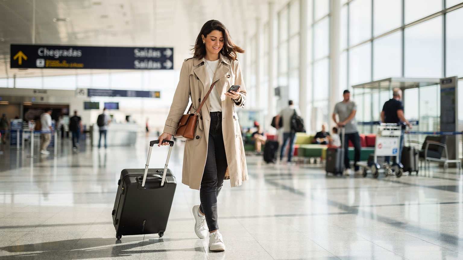 A digital nomad confidently walking out of an airport terminal in a new city, effortlessly checking their phone with a calm expression, having already activated their eSIM.