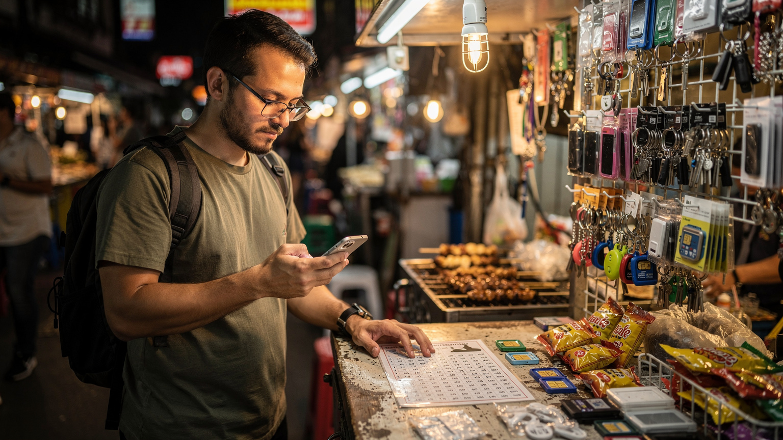 Seorang backpacker sedang membandingkan harga paket data di layar iPhone dengan harga SIM fisik di sebuah konter kecil di pasar malam Bangkok, berusaha mencari penawaran terbaik.