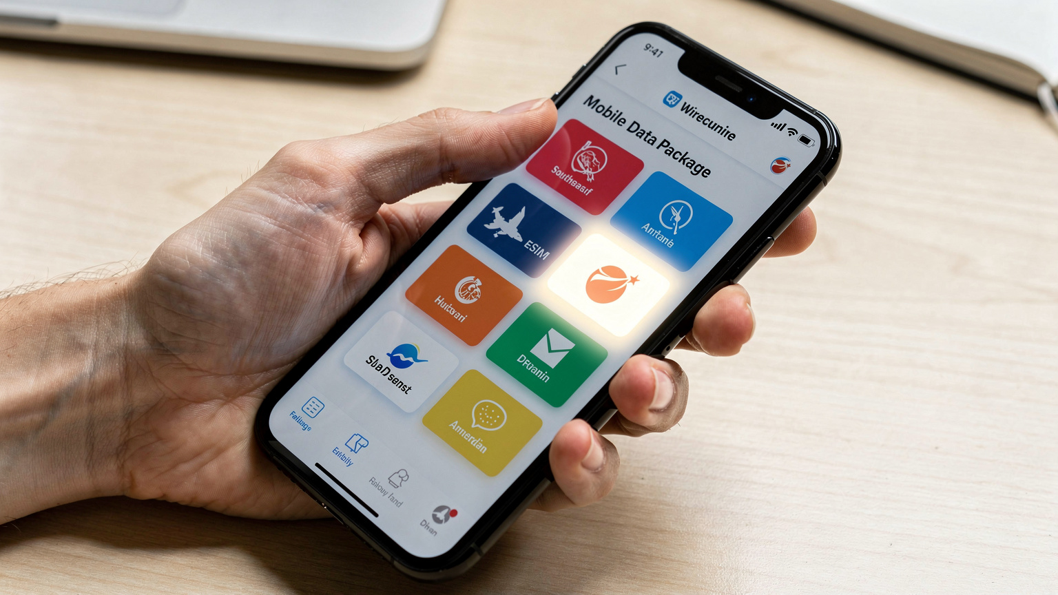 Tampilan layar iPhone yang menunjukkan aplikasi Cellesim dengan berbagai pilihan paket data untuk negara-negara Asia Tenggara, dipegang oleh tangan yang sedang menunjuk ke salah satu paket.
