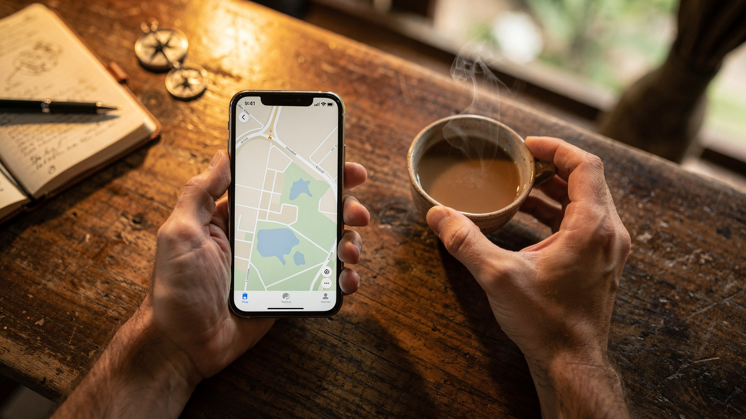 Tangan seorang backpacker sedang memegang iPhone dengan layar menampilkan peta offline, sementara tangan lainnya memegang secangkir kopi di sebuah kafe sederhana di Chiang Mai, Thailand.