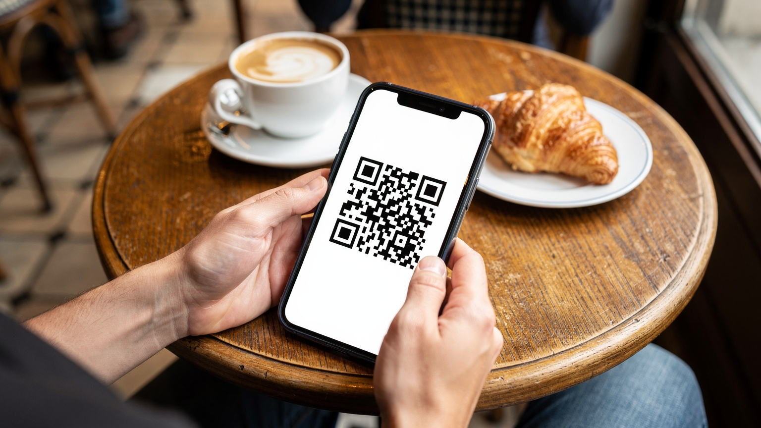 Des mains tiennent un smartphone affichant un QR code pour l'activation d'une eSIM, posé sur une petite table en bois dans un café parisien typique, avec une tasse de café et un croissant flous en arrière-plan.