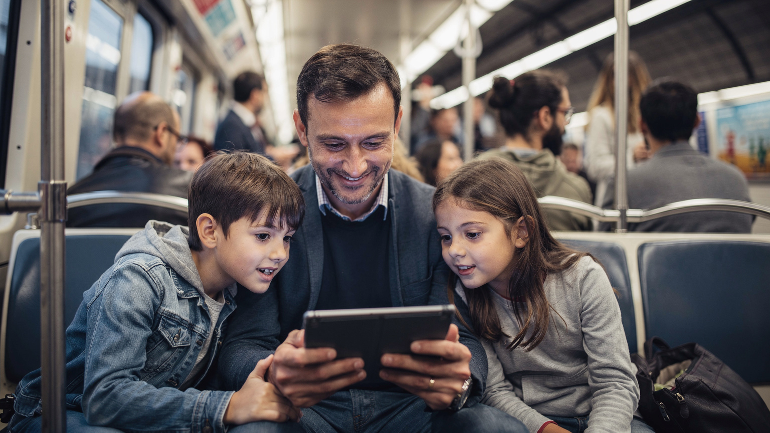 Un père souriant et patient montre à ses deux enfants, un garçon et une fille, comment naviguer sur l'application de la RATP sur une tablette, alors qu'ils sont assis dans une rame de métro parisienne bondée.