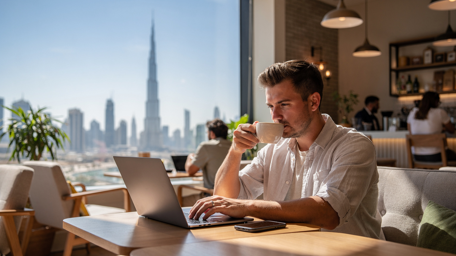 Cestovateľ pije kávu a pracuje na notebooku v kaviarni s panoramatickým výhľadom na Burj Khalifa v Dubaji, zdieľa internet cez hotspot z eSIM telefónu.