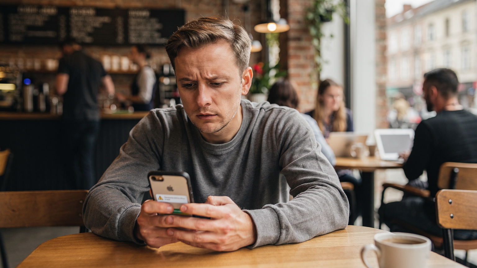 Eine Person sitzt in einem belebten Berliner Café und schaut besorgt auf ihr Smartphone, während sie eine Pop-up-Meldung über unsichere Netzwerke sieht, umgeben von anderen Gästen.