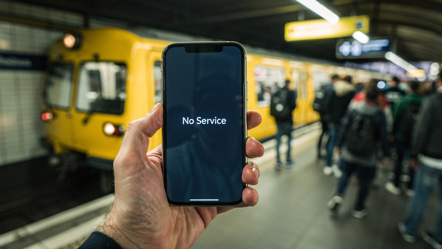 Ein Smartphone zeigt die Meldung 'Kein Dienst' in einem überfüllten Berliner U-Bahnhof während einer Großveranstaltung, was die Herausforderung der Konnektivität verdeutlicht.
