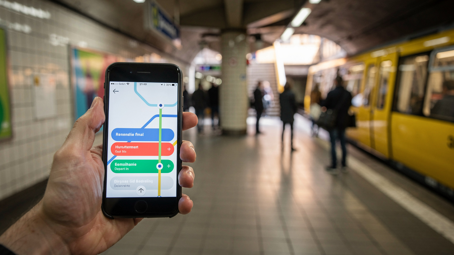 Eine Person hält ein Smartphone mit einer geöffneten BVG-App an einer U-Bahn-Station in Berlin, die Echtzeit-Informationen anzeigt, während eine U-Bahn einfährt.