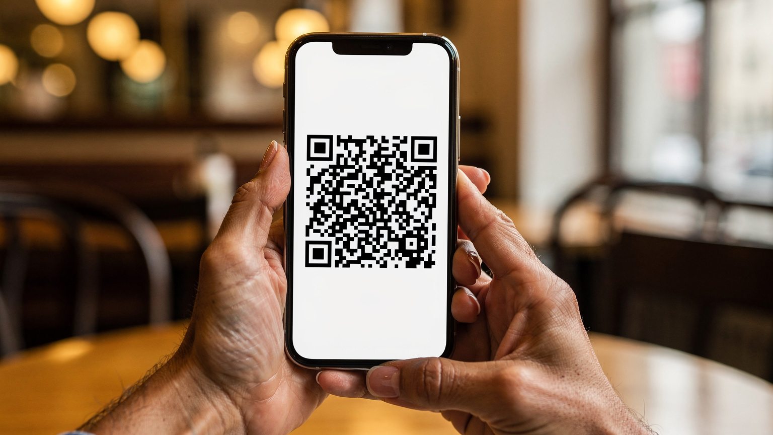 Nahaufnahme von Händen, die ein Smartphone halten, auf dem ein QR-Code für die eSIM-Aktivierung angezeigt wird, mit unscharfem Hintergrund eines Berliner Cafés.