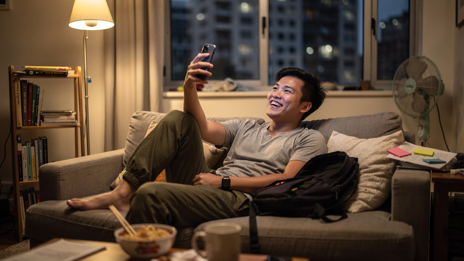 Một sinh viên đang thực hiện cuộc gọi video với gia đình tại Việt Nam, ngồi trên ghế sofa trong căn hộ thuê ở Sydney, Úc, với ánh đèn ấm áp của buổi tối, thể hiện sự kết nối và tình cảm gia đình.