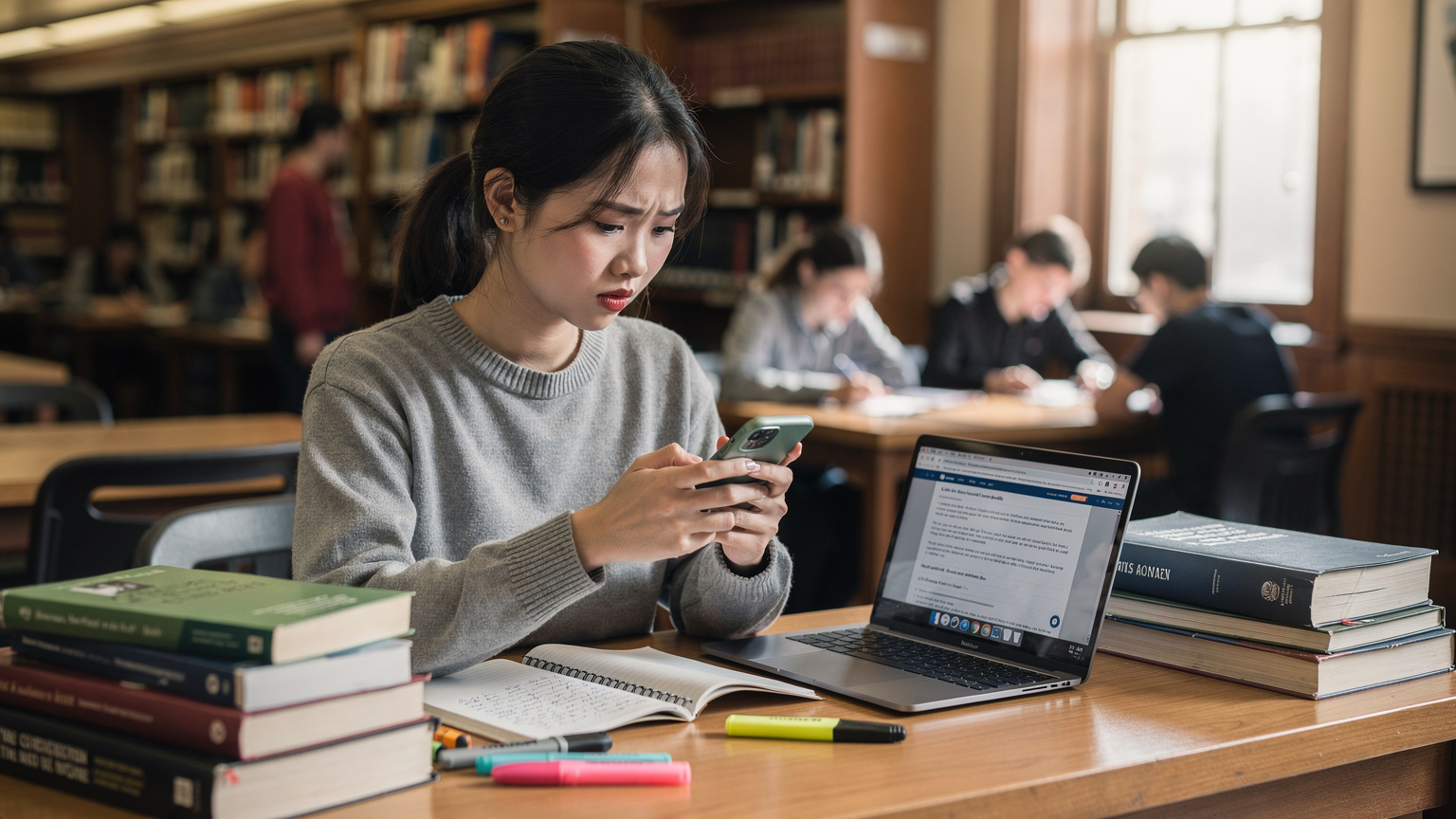 Một sinh viên đang kiểm tra mức sử dụng dữ liệu trên điện thoại của mình trong một thư viện đại học ở Boston, Mỹ, với sách vở và laptop xung quanh, biểu cảm tập trung vào màn hình điện thoại.