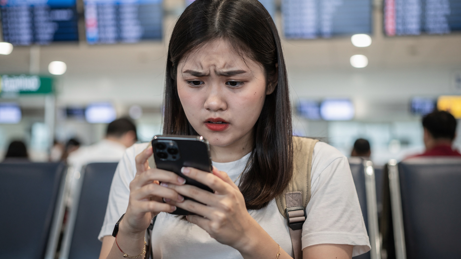 Một sinh viên Việt Nam đang so sánh giá các gói eSIM trên điện thoại của mình tại sân bay Tân Sơn Nhất, với biểu cảm tập trung và lo lắng về chi phí.