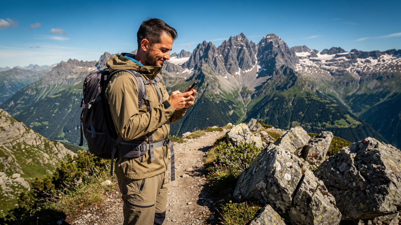 Un randonneur vérifie son téléphone pour le signal GPS au milieu des montagnes alpines, profitant d'une connexion fiable même en pleine nature.